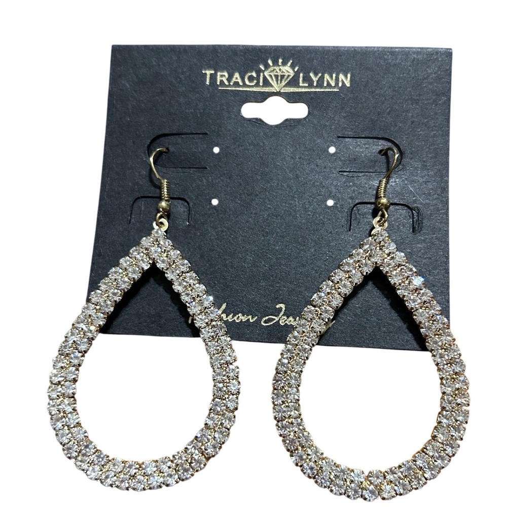 Traci Lynn Gold Rhinestone Teardrop Dangle Earrings Statement 3" NWT